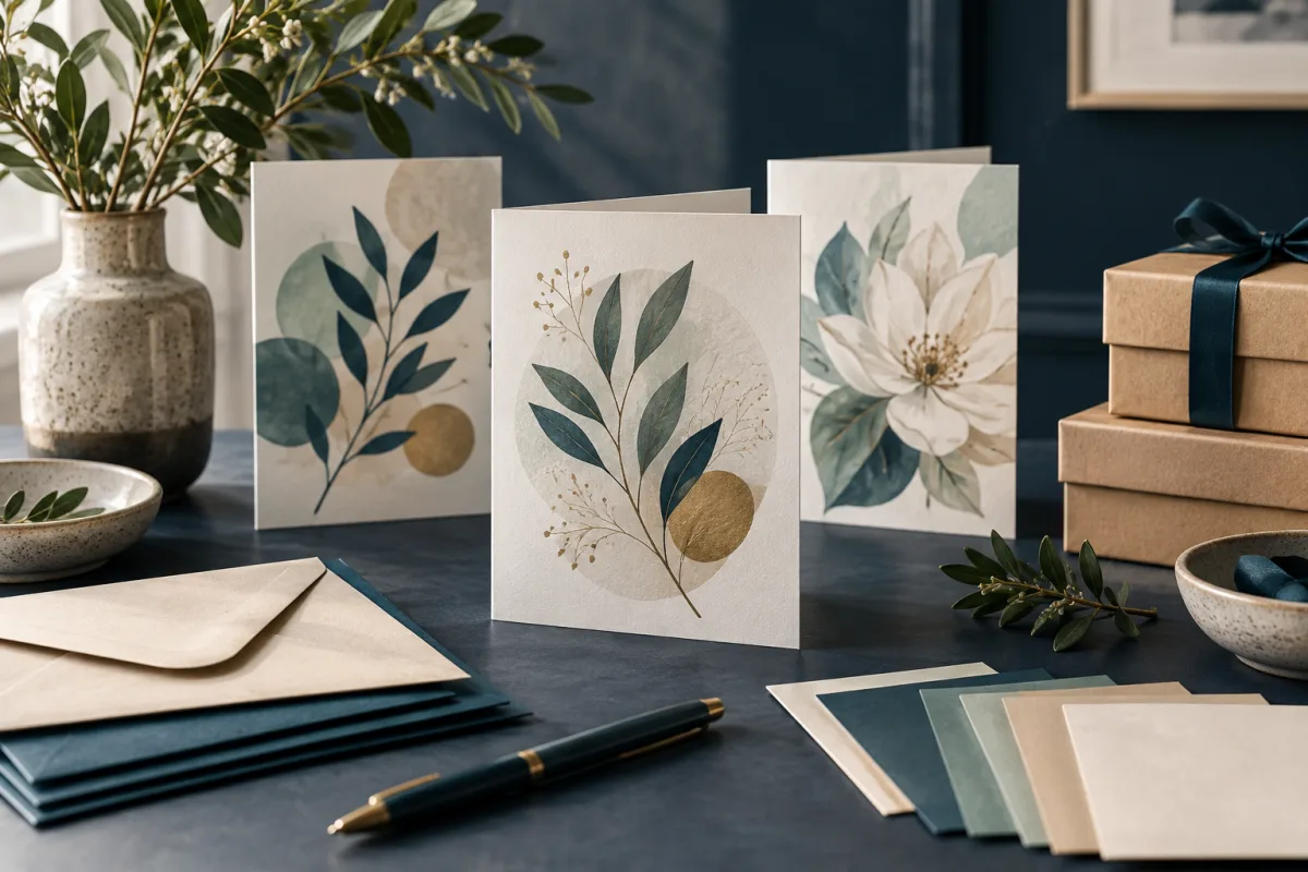 Illustrative greeting-card studio with botanical cards, envelopes and gift boxes