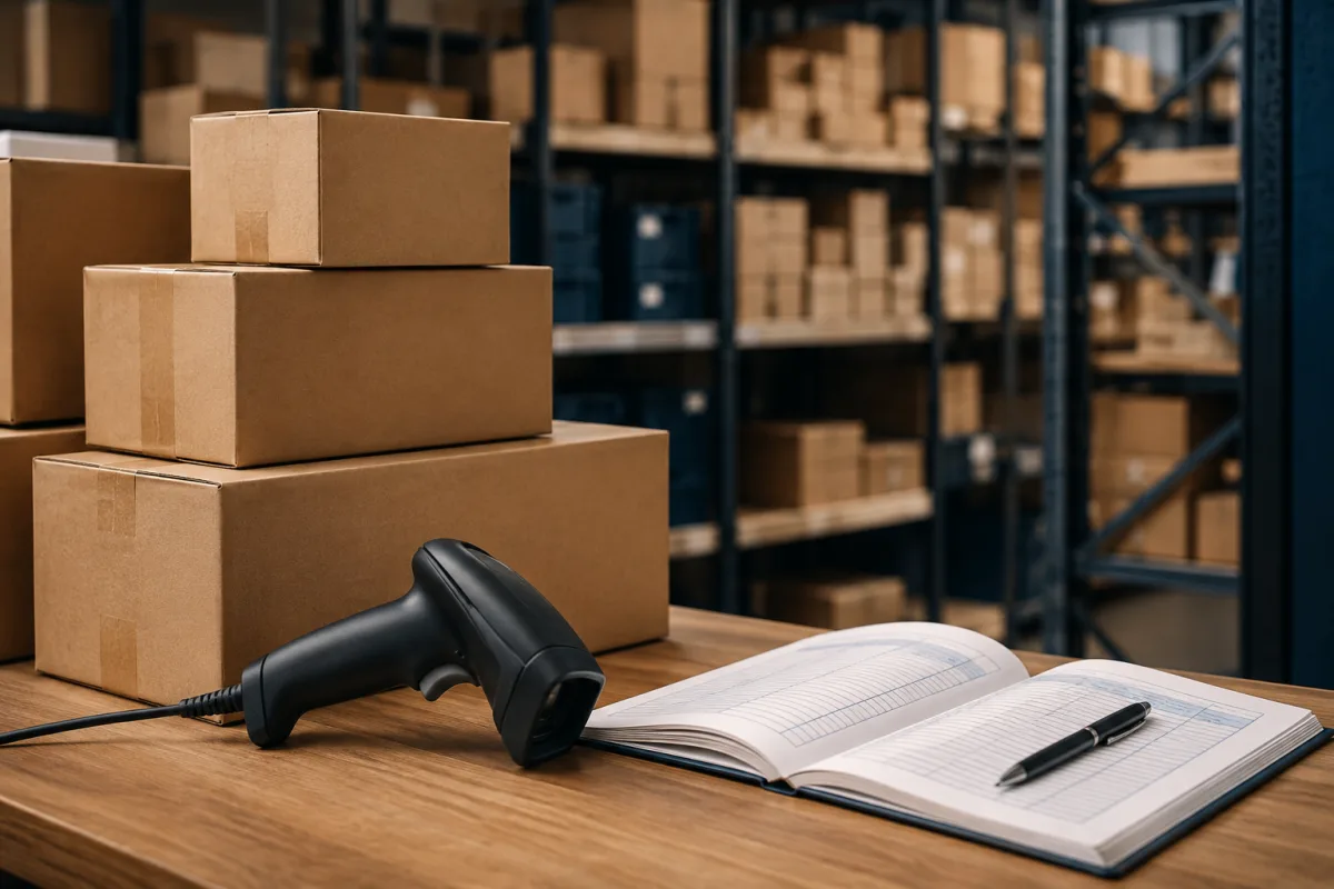 Illustrative stockroom with barcode scanner and cartons
