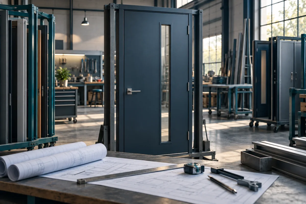 Illustrative door manufacturing workshop with a steel door, measuring tools and drawings