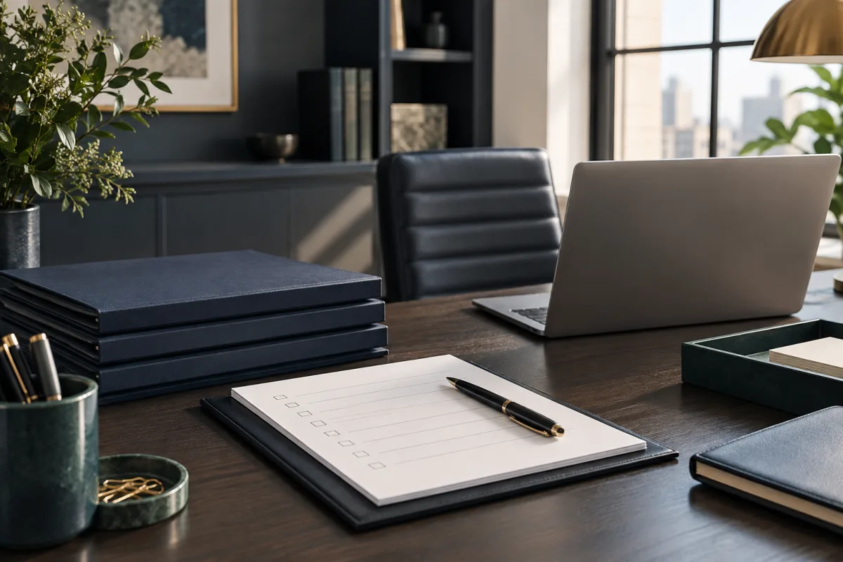 Illustrative business document workspace with folders, paper and a laptop