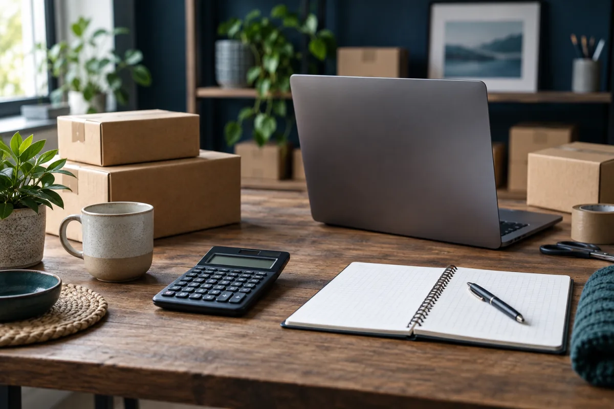 Illustrative ecommerce planning desk with parcels, calculator and notebook