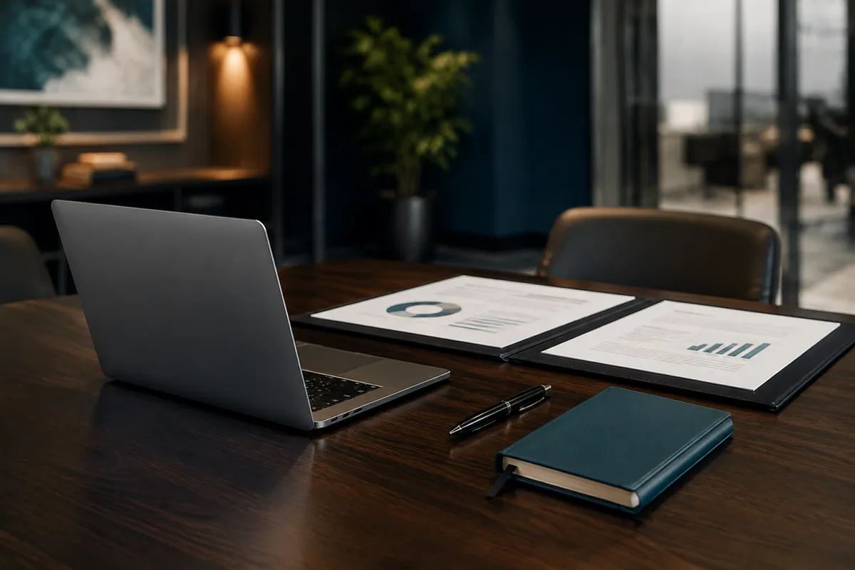 Illustrative proposal workspace with presentation folders and laptop