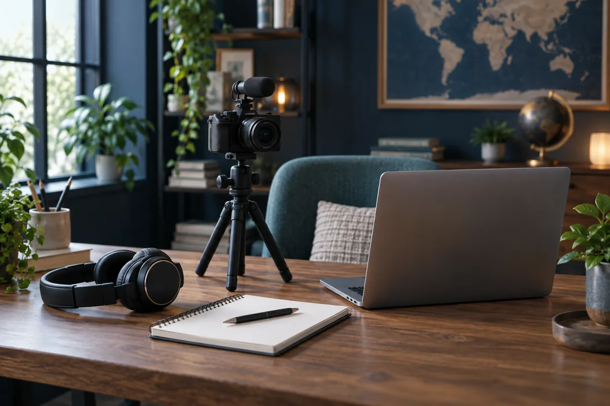 Illustrative video-learning workspace with a camera, headphones and notebook