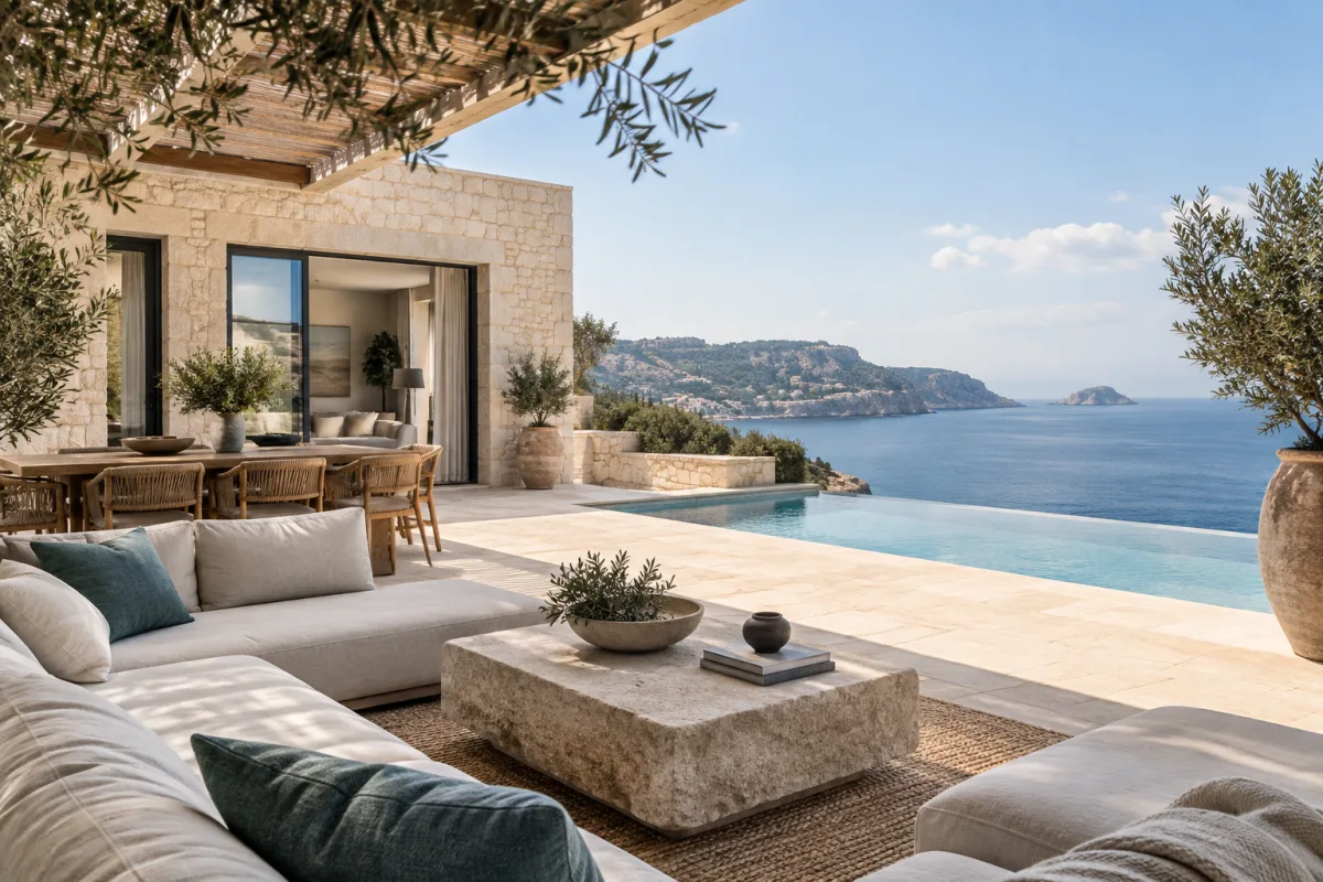 Illustrative coastal property terrace with pale stone architecture and a sea view