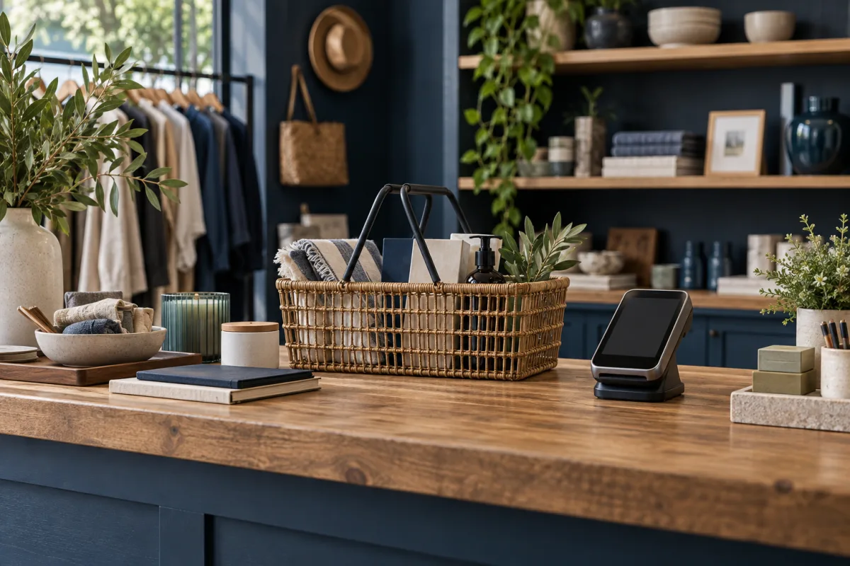 Illustrative retail counter with merchandise, a shopping basket and payment terminal