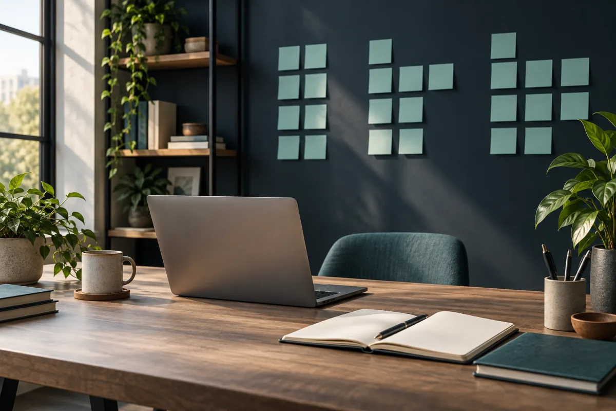 Illustrative project-planning workspace with organised teal notes and notebooks